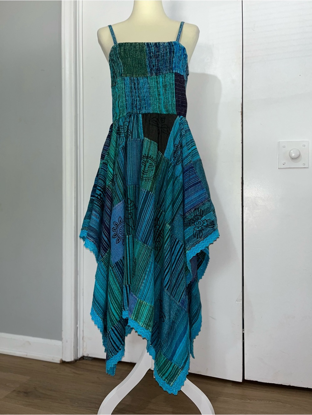 Ananta Cotton Patchwork & Printed Dress  Boho Crochet Trim Smocked Bodice NWT